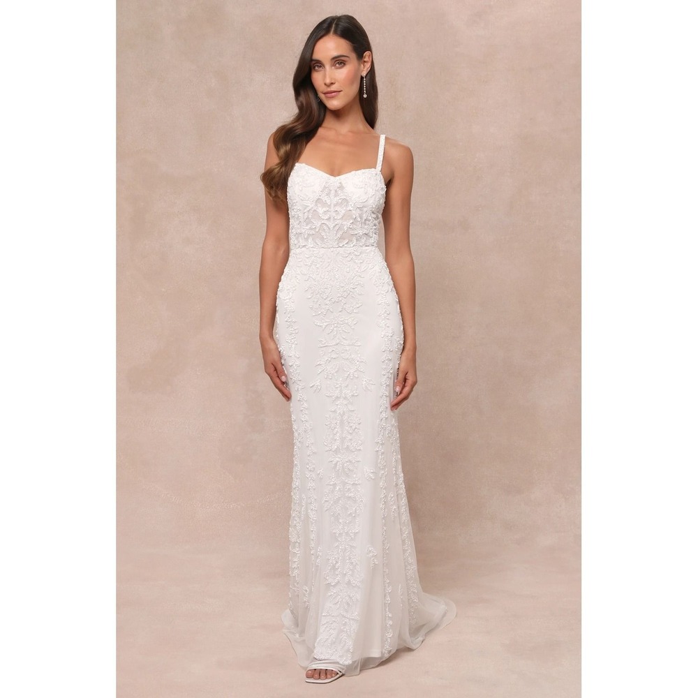Lulus NWOT Momentous Love White Beaded Bustier Mesh Mermaid Maxi Dress - Medium